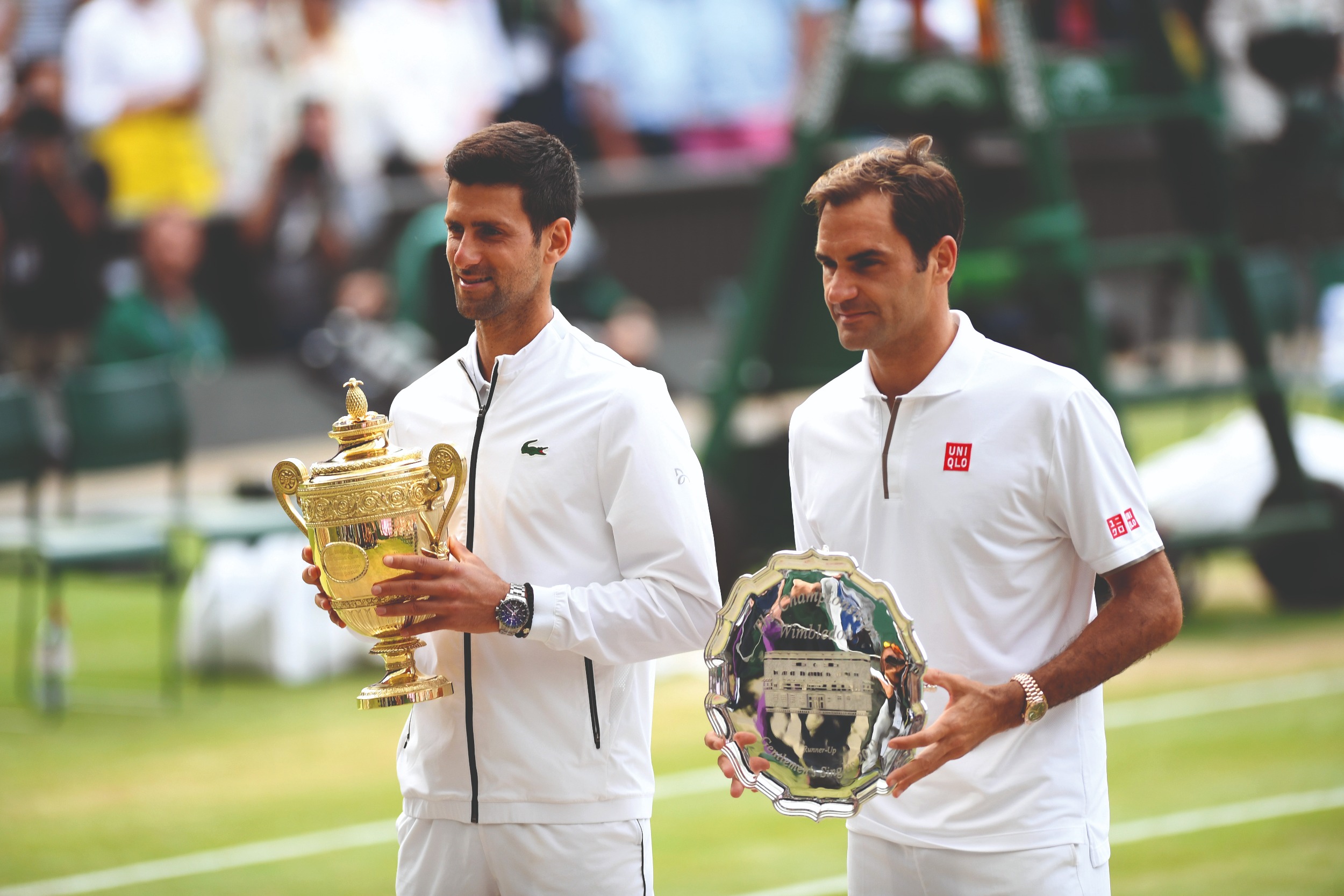 2019 Wimbledon Finali'nin ardından Novak Djokovic ve Roger Federer